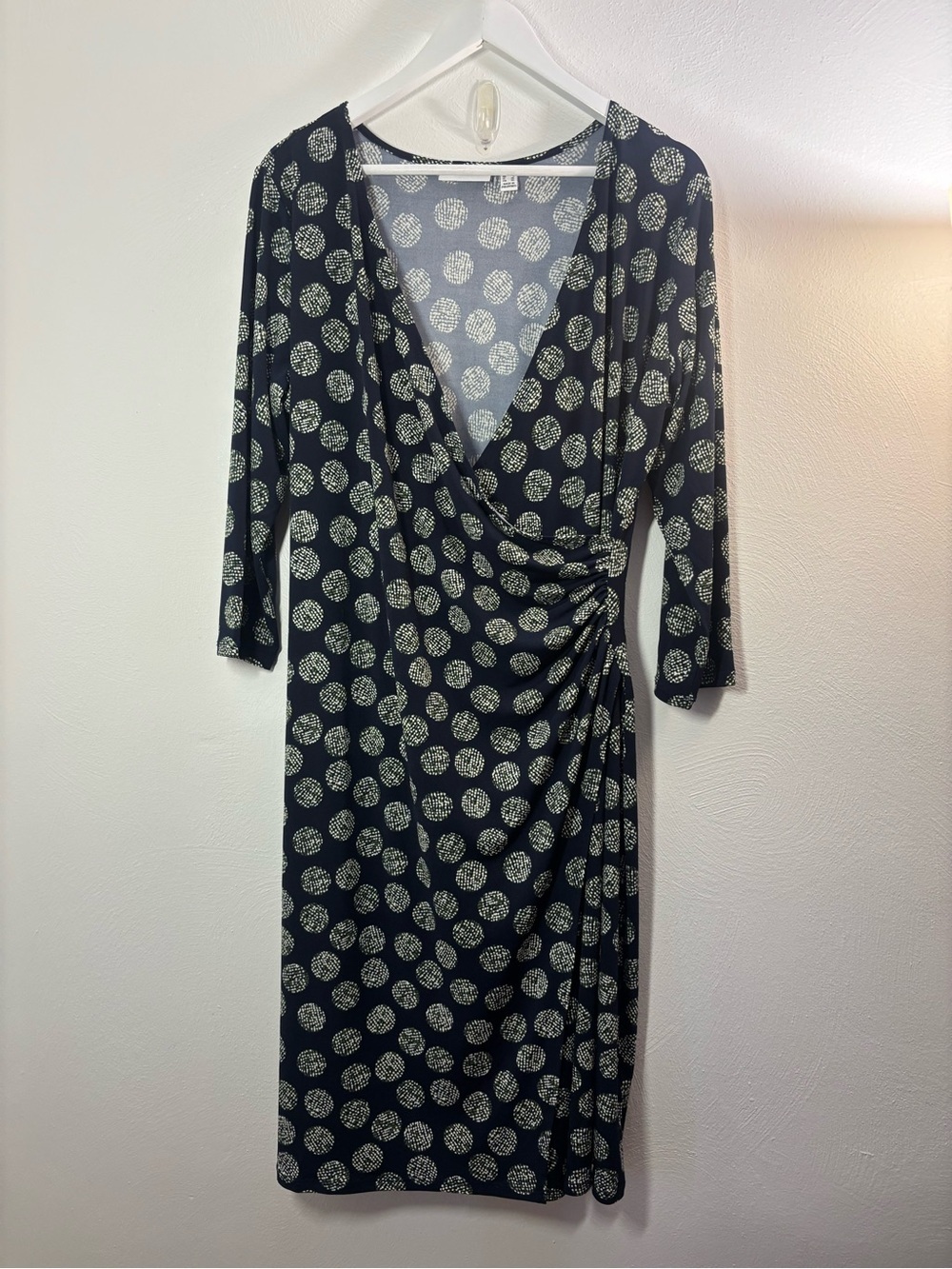 Susan Graver Navy V Wrap Midi Dress with Cream Dot Print Size Large